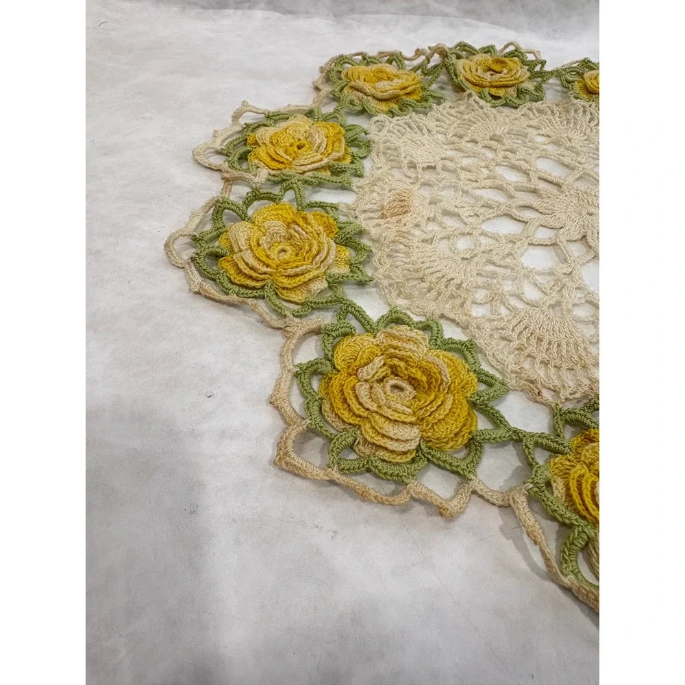 Vintage Handmade Crochet Doilies Set of 2 Yellow Rose 3D Floral Lace Multi-Color